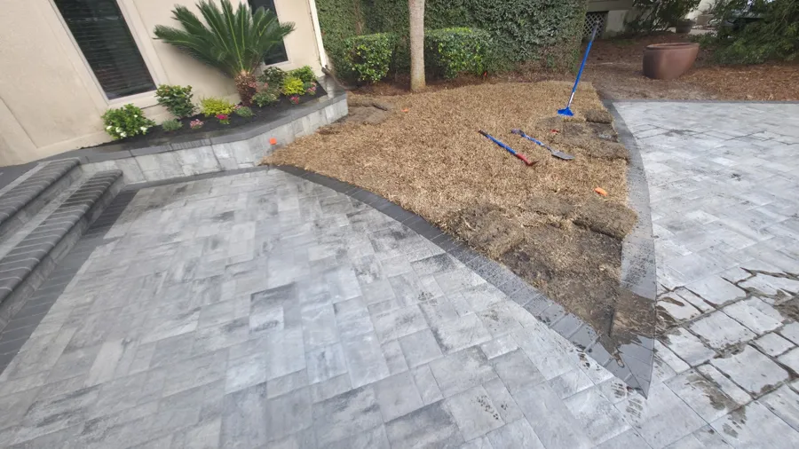 Paver patio and pine straw bed by Pristine Turf and Irrigation in Bluffton, SC